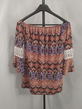 WinWin Boho Floral Tunic Top On/Off Shoulder Bell Sleeve L XL